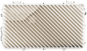 White rectangular air filter with diagonal pleated ridges and mounting brackets.