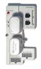 White industrial control module with circular openings and connection ports.