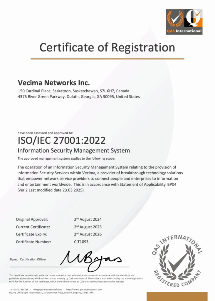 ISO/IEC 27001:2022 Information Security Management System certificate for Vecima Networks Inc.